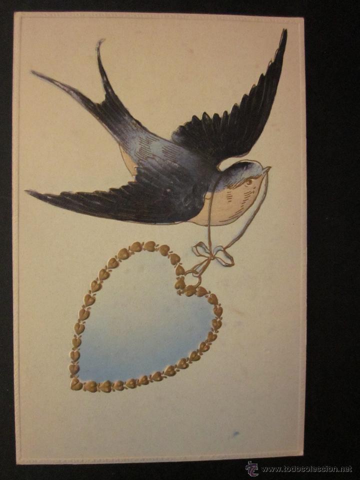 Postales: POSTAL PAJARO Y CORAZON CON RELIEVES. - Foto 1