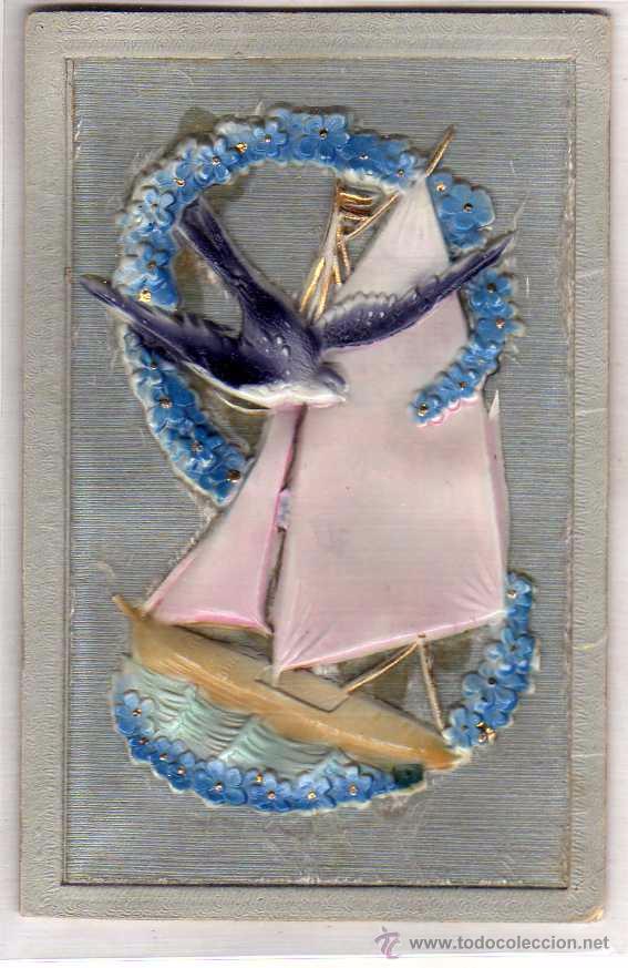 Postales: Postal con relieve en celuloide. Barco y p&aacute;jaro. Escrita. sin circular. - Foto 1