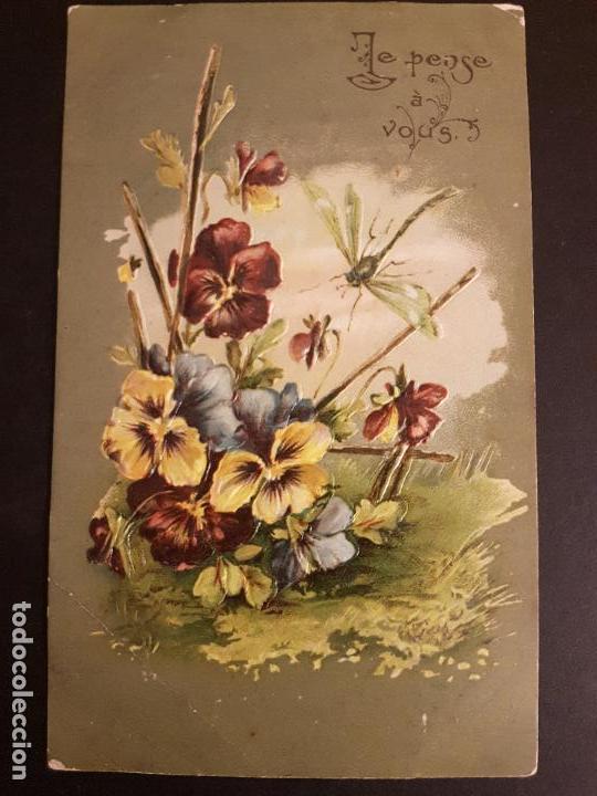 Postales: POSTAL EN RELIEVE FLORES Y LIBELULA - Foto 1