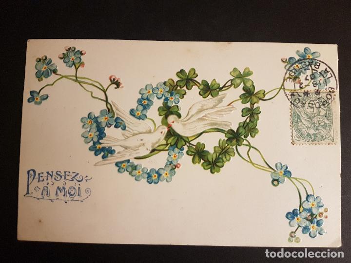 Postales: POSTAL EN RELIEVE FLORES Y PALOMAS - Foto 1