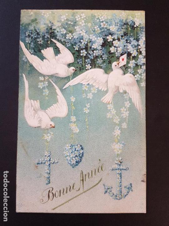 Postales: POSTAL EN RELIEVE PALOMAS Y FLORES - Foto 1