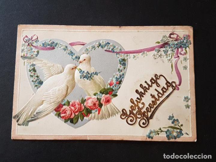 Postales: POSTAL EN RELIEVE FLORES Y PALOMAS - Foto 1
