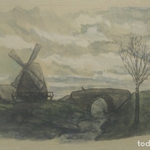 1903 Postal pintada a mano y firmada. Molino de viento