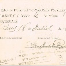 Postales: 1928 TARJETA POSTAL REBUT DE L´OBRA DEL ”CANÇONER POPULAR DE CATALUNYA” SIGNAT PAU FONT DE RUBINAT. Lote 297965843