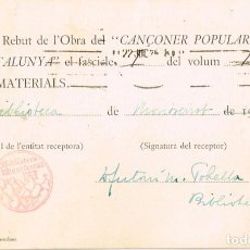 Postales: 1926 TARJETA REBUT DE L´OBRA DEL ”CANÇONER POPULAR DE CATALUNYA” A. POBELLA BIBLIOTECA MONTSERRAT. Lote 298005223