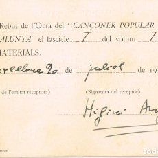 Postales: 1926 TARJETA POSTAL REBUT DE L´OBRA DEL ”CANÇONER POPULAR DE CATALUNYA” PER HIGINI ANGLÉS PVRE.. Lote 298014643