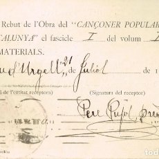 Postales: 1926 TARJETA POSTAL REBUT DE L´OBRA DEL ”CANÇONER POPULAR DE CATALUNYA” PERE PUJOL, SEU D´URGELL. Lote 298191853