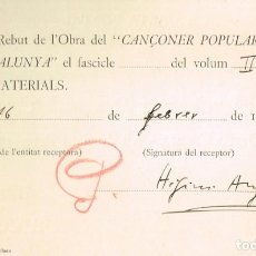 Postales: 1929 TARJETA POSTAL REBUT DE L´OBRA DEL ”CANÇONER POPULAR DE CATALUNYA” PER HIGINI ANGLÉS PVRE.. Lote 298198558