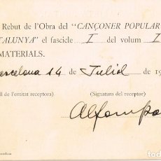 Postales: 1926 TARJETA POSTAL REBUT DE L´OBRA DEL ”CANÇONER POPULAR DE CATALUNYA” PER ALFONS PAR I TUSQUETS. Lote 298207993