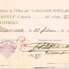 Postales: 1929 TARJETA POSTAL REBUT DE L´OBRA DEL ”CANÇONER POPULAR DE CATALUNYA” PER LLUIS RUBIRALTA, MANRESA. Lote 298290418