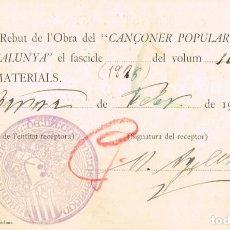 Postales: 1929 TARJETA POSTAL REBUT DE L´OBRA DEL ”CANÇONER POPULAR DE CATALUNYA” PER MIQUEL AGELET GOSÉ. Lote 298294753