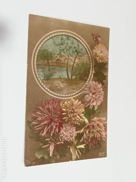Postkarten: TARJETA POSTAL. IMAGEN DE PAISAJE CAMPESTRE RODEADA DE FLORES TONOS PASTEL