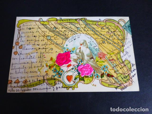 Postales: PALOMAS Y FLORES EN SEDA POSTAL - Foto 1