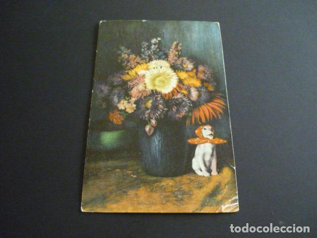 Postales: JARRON CON FLORES Y PERRO POSTAL - Foto 1