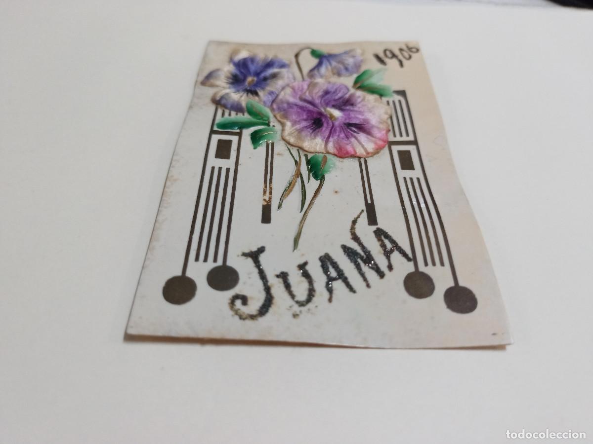 Postales: POSTAL JUANA - CELULOIDE CON RELIEVES Y PURPURINA - Foto 1