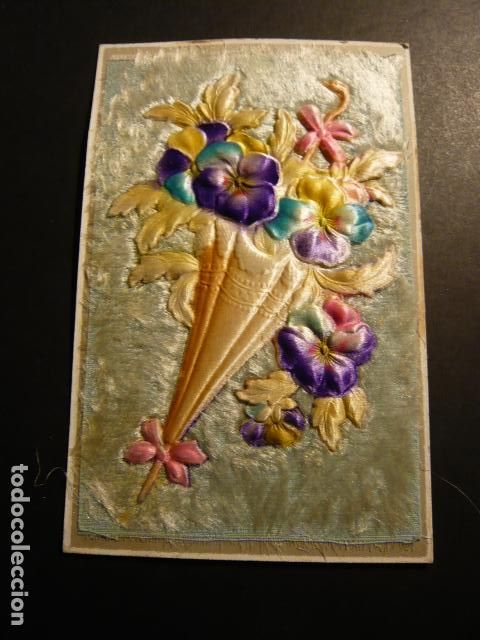 Postales: PARAGUAS CON FLORES POSTAL EN SEDA - Foto 1
