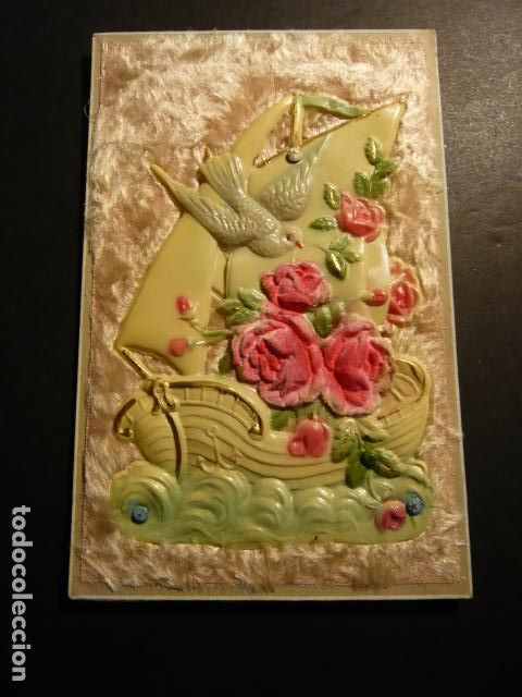 Postales: BARCO CON PALOMAS Y FLORES POSTAL EN SEDA - Foto 1