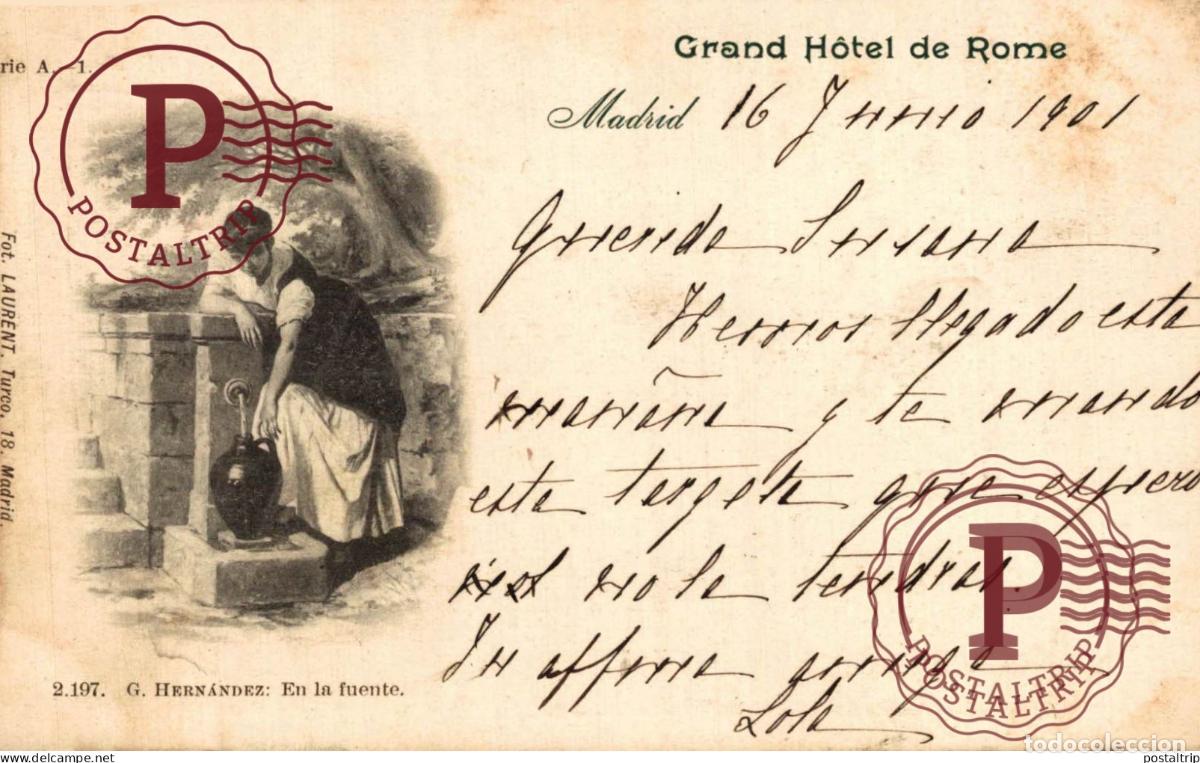 Postales: G. HERNANDEZ: EN LA FUENTE. FOT. LAURENT. SERIE A. N&ordm;1. PUBLI. GRAND HOTEL DE ROME. MADRID