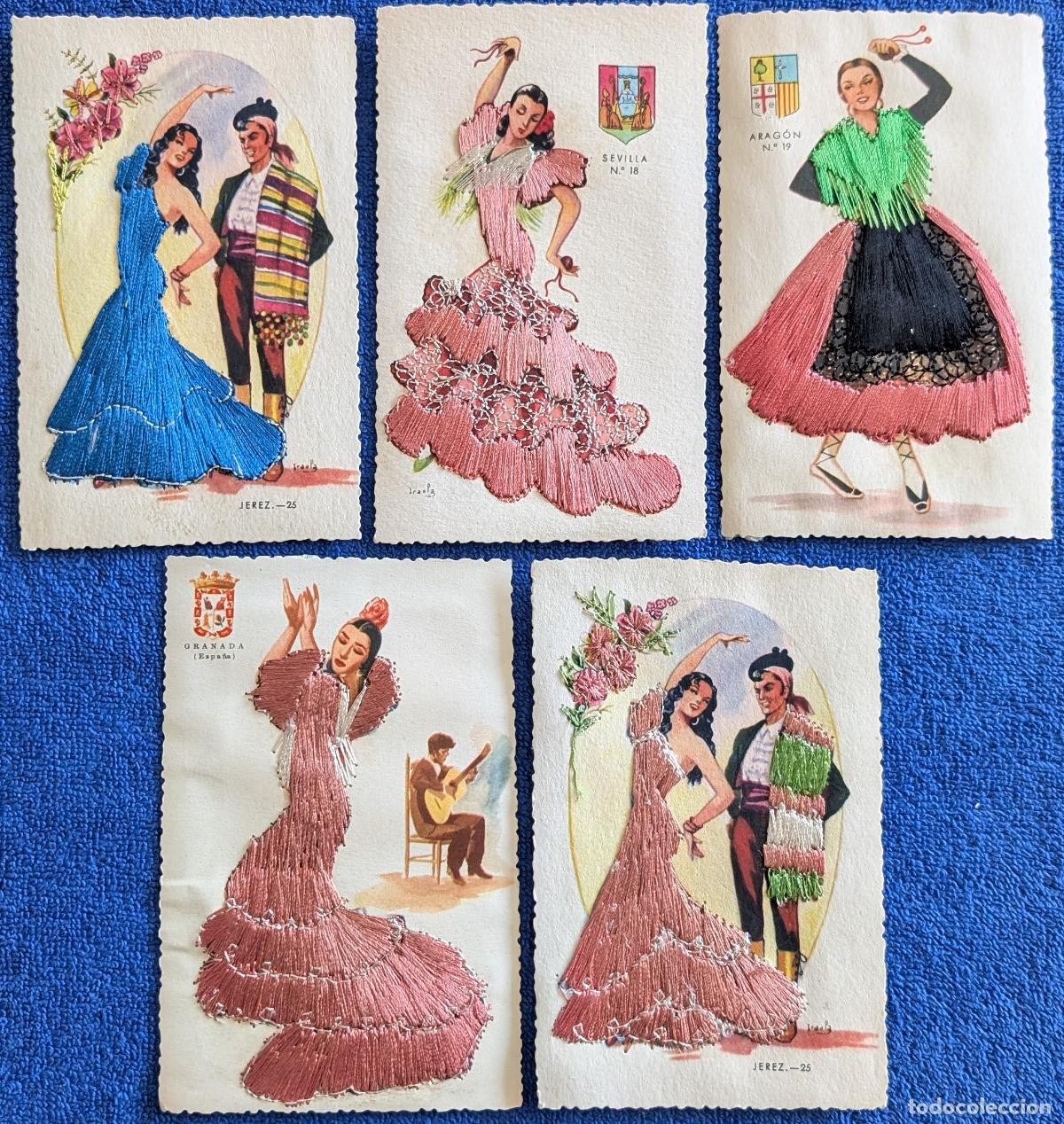 Postales: Lote de 5 postales bordadas - Trajes Regionales - Sevilla, Jerez, Arag&oacute;n, Granada