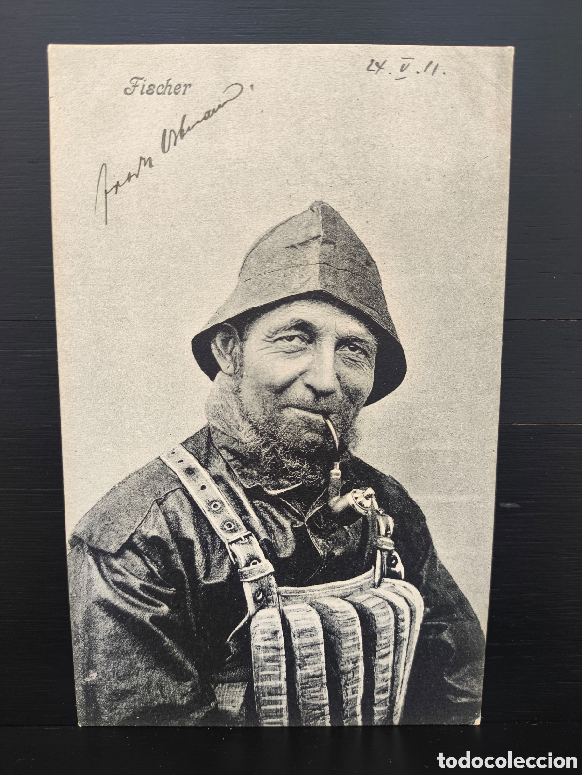 Postales: Antigua postal fotogr&aacute;fica retrato marinero pescador con pipa y chaleco salvavidas de corcho 1911