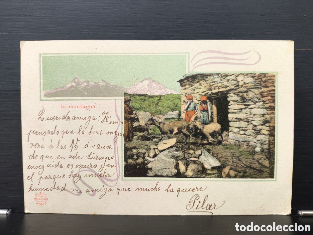 Postales: Antigua postal fotogr&aacute;fica coloreada ilustrada Escena Rural de Monta&ntilde;a personas y ovejas In Montagna