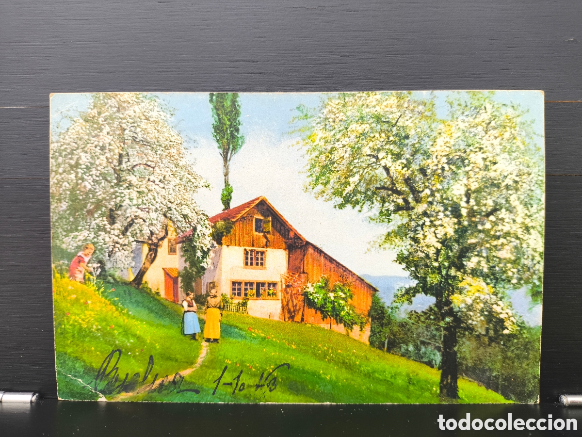 Postales: Antigua postal fotogr&aacute;fica coloreada paisaje rural granja &aacute;rboles en flor mujeres Suiza 1913