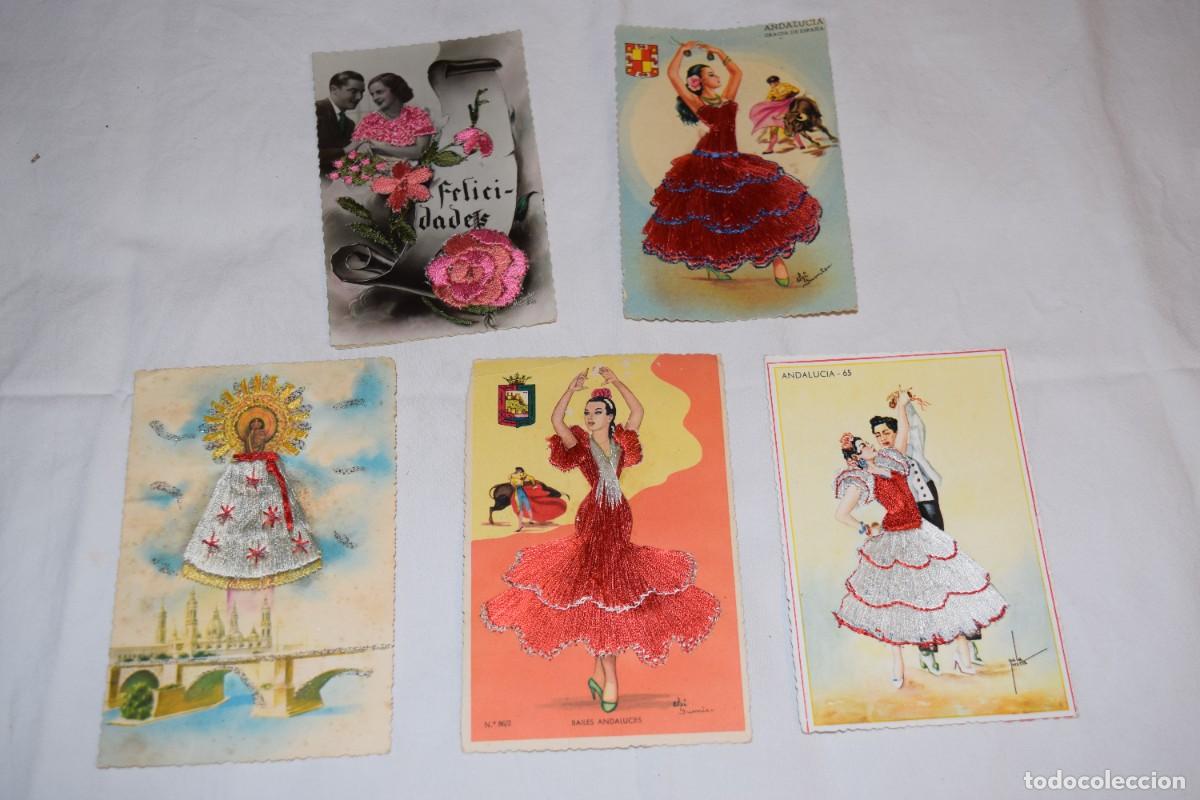 Postales: 5 POSTALES diferentes / Bordadas - Desde a&ntilde;os 40 a los 60 - &iexcl;Mira fotos/detalles, PRECIOSAS! Lote 01