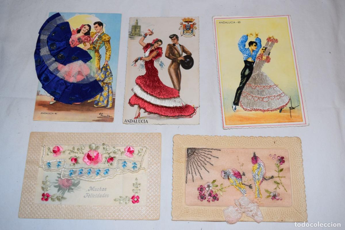 Postales: 5 POSTALES diferentes / Bordadas y otras - Desde a&ntilde;os 40 a los 60 - &iexcl;Mira fotos, PRECIOSAS! Lote 05