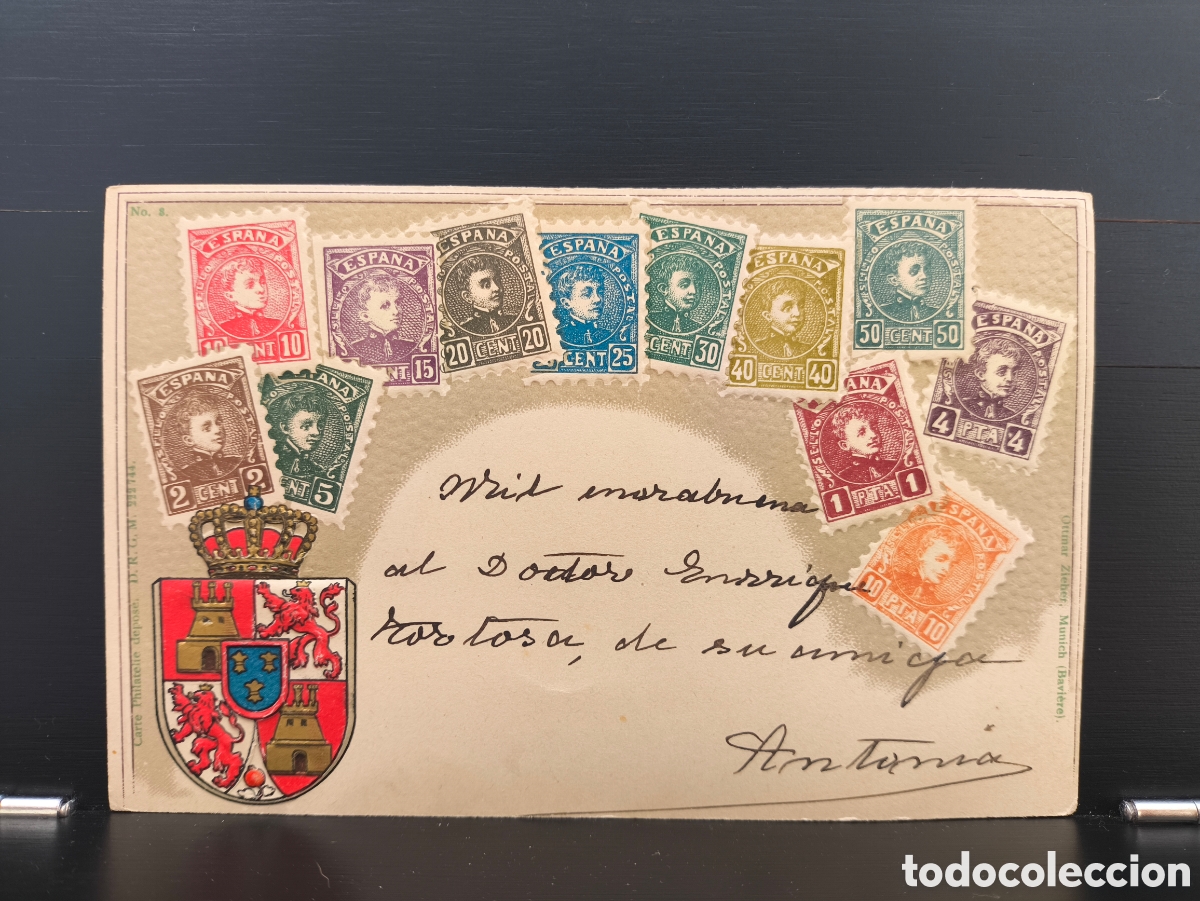 Postales: Antigua postal troquelada relieve reproducci&oacute;n filat&eacute;lica tarjeta sellos Alfonso XIII serie cadete