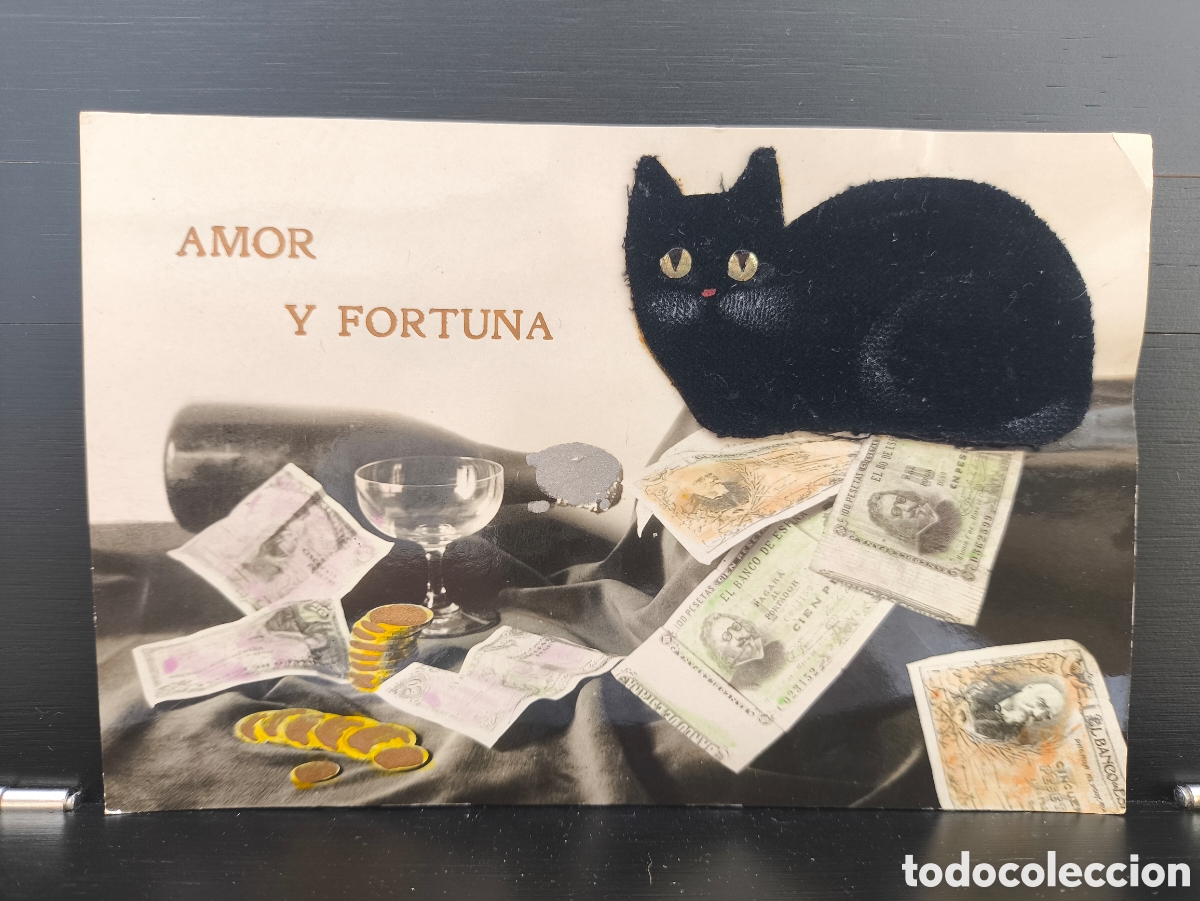 Postales: Antigua postal foto coloreada relieve textil aterciopelada Amor y Fortuna Gato Negro dinero 1910