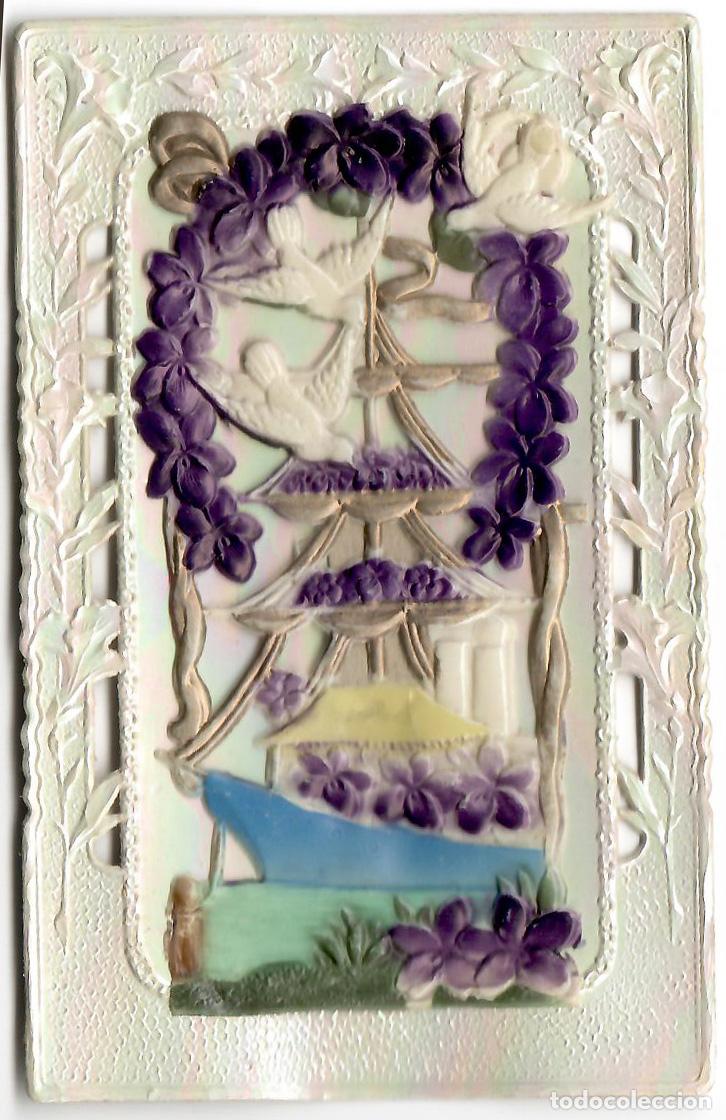 Postales: POSTAL ANTIGUA base cartulina, relieve de celuloide. Barco, flores y pajaro. Alemania.- Vell i Bell