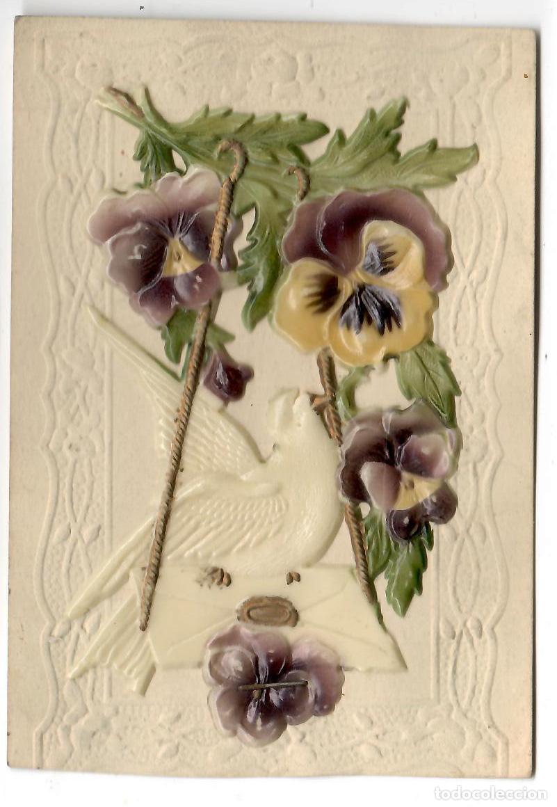 Postales: POSTAL ANTIGUA base de Carton Relieve de celuloide. Flores y pajaro. Escrita - Vell i Bell