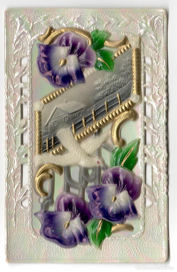 Postales: POSTAL ANTIGUA en CELULOIDE y RELIEVE Flores, casa y pajaro. Alema. Vell i Bell