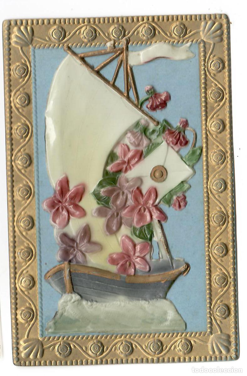 Postales: POSTAL ANTIGUA base de cartulina y RELIEVE de celuloide. Barco vela.- Vell i Bell