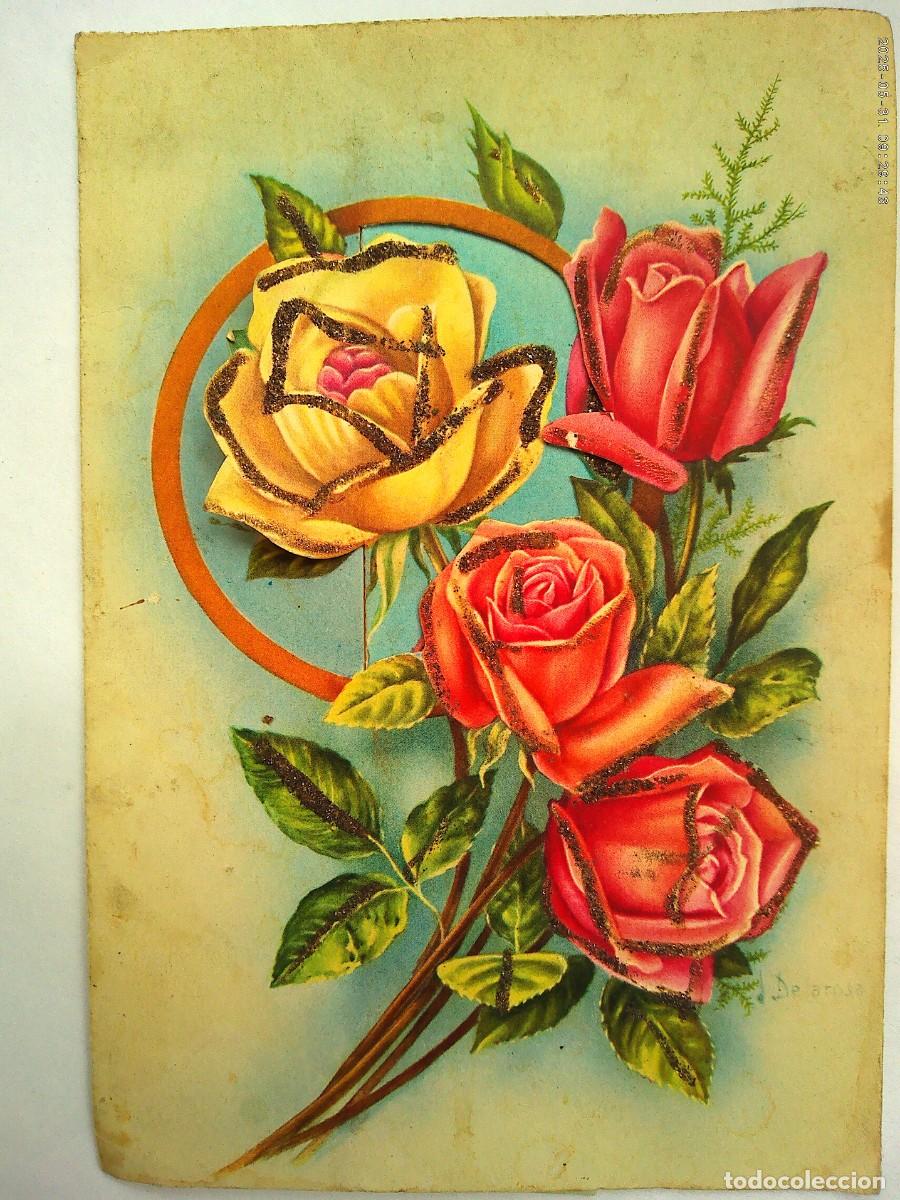 Postales: BONITA POSTAL CON DIBUJO DE RAMO DE FLORES , ROSAS . SE ABRE Y SE VEN EN 3D. A&Ntilde;OS 50