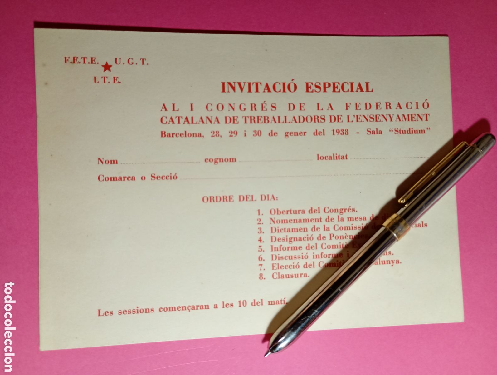 Postales: F.E.T.E. U.G.T. I.T.E. 1938 INVITACI&Oacute; ESPECIAL I CONGR&Eacute;S FEDERACI&Oacute; CATALANA TREBALLADORS ENSENYAMENT