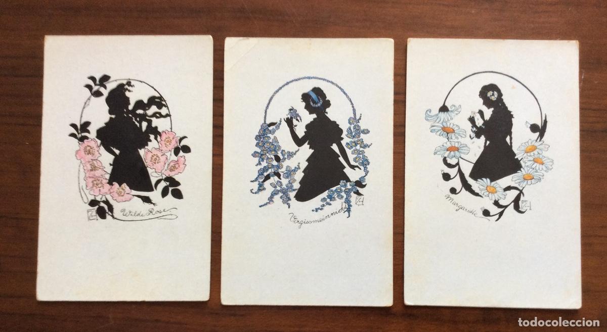 Postales: 3 POSTAL ILUSTRADAS SILUETAS NEGRO ART DECO Y FLORES ART NOUVEAU MODERNISTA