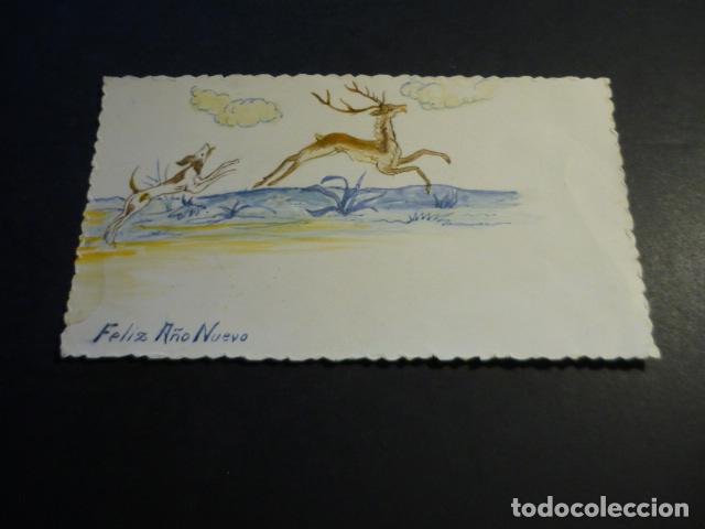 Postcards: TARJETA FELICITACION PINTADA A MANO PERRO Y CIERVO 8 X 14 CM