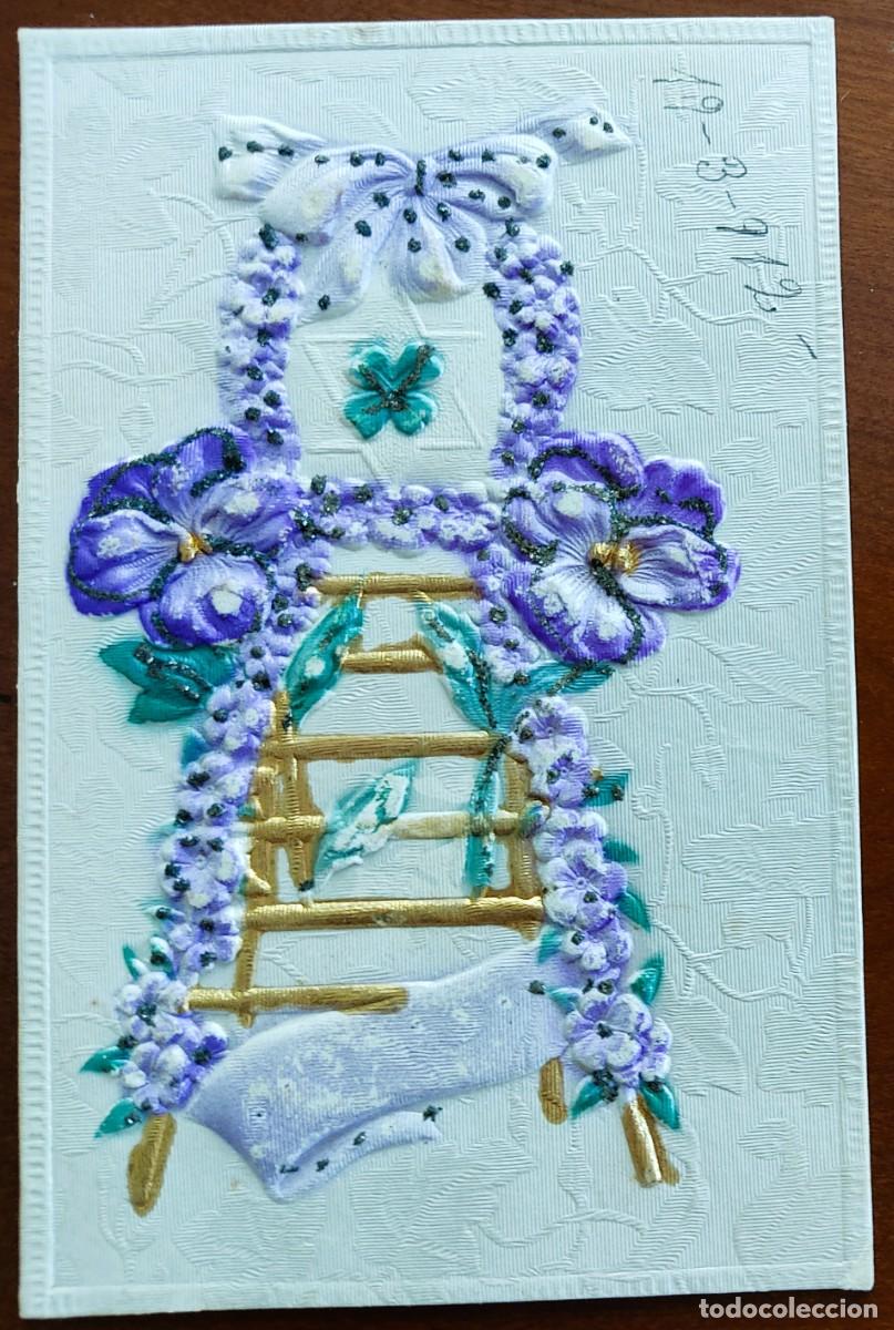 Postales: PRECIOSA POSTAL EN RELIEVE CON MOAR&Eacute; FECHADA 1912 - MOTIVOS FLORALES