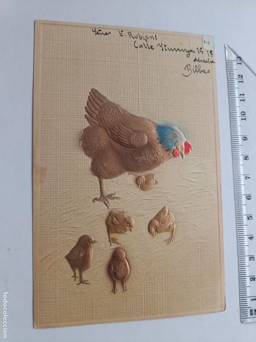 Postales: Gallina. Postal en relieves, escrita
