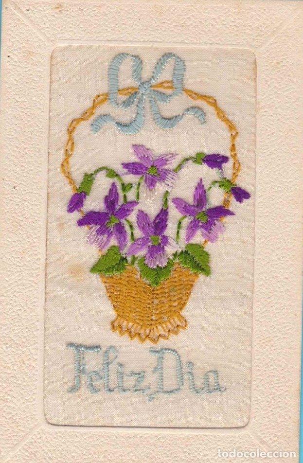 Postales: FELIZ D&Iacute;A. CESTA CON FLORES. POSTAL BORDADA. GLORIA, FRANCIA