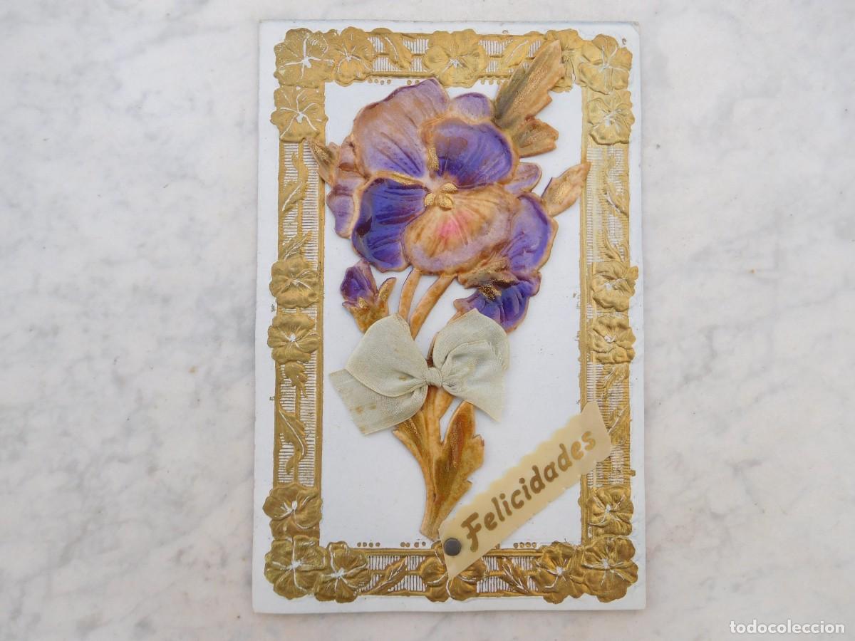 Postales: Postal antigua de celuloide flores felicidades