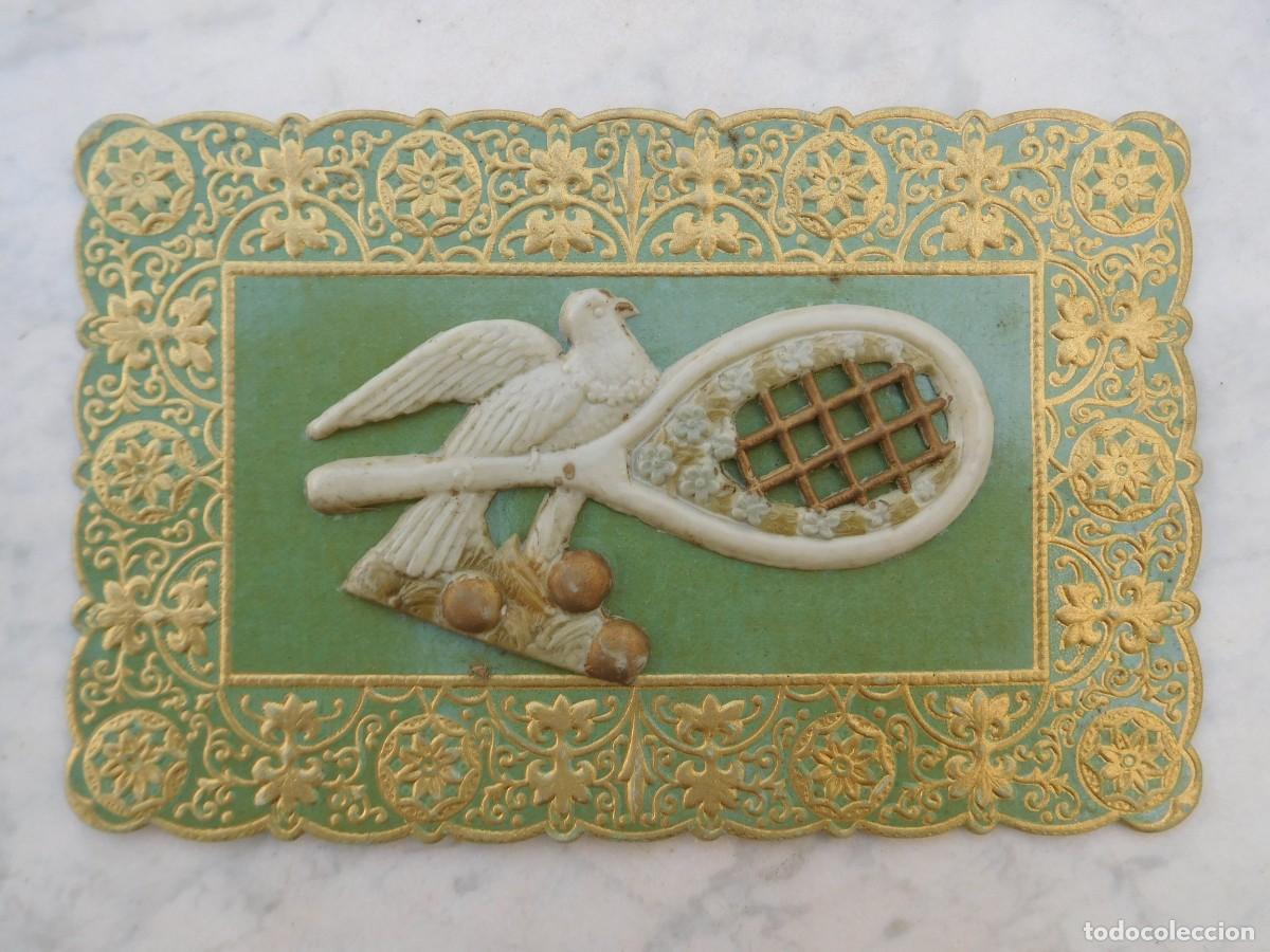 Postales: Postal antigua de celuloide p&aacute;jaro y raqueta de tenis