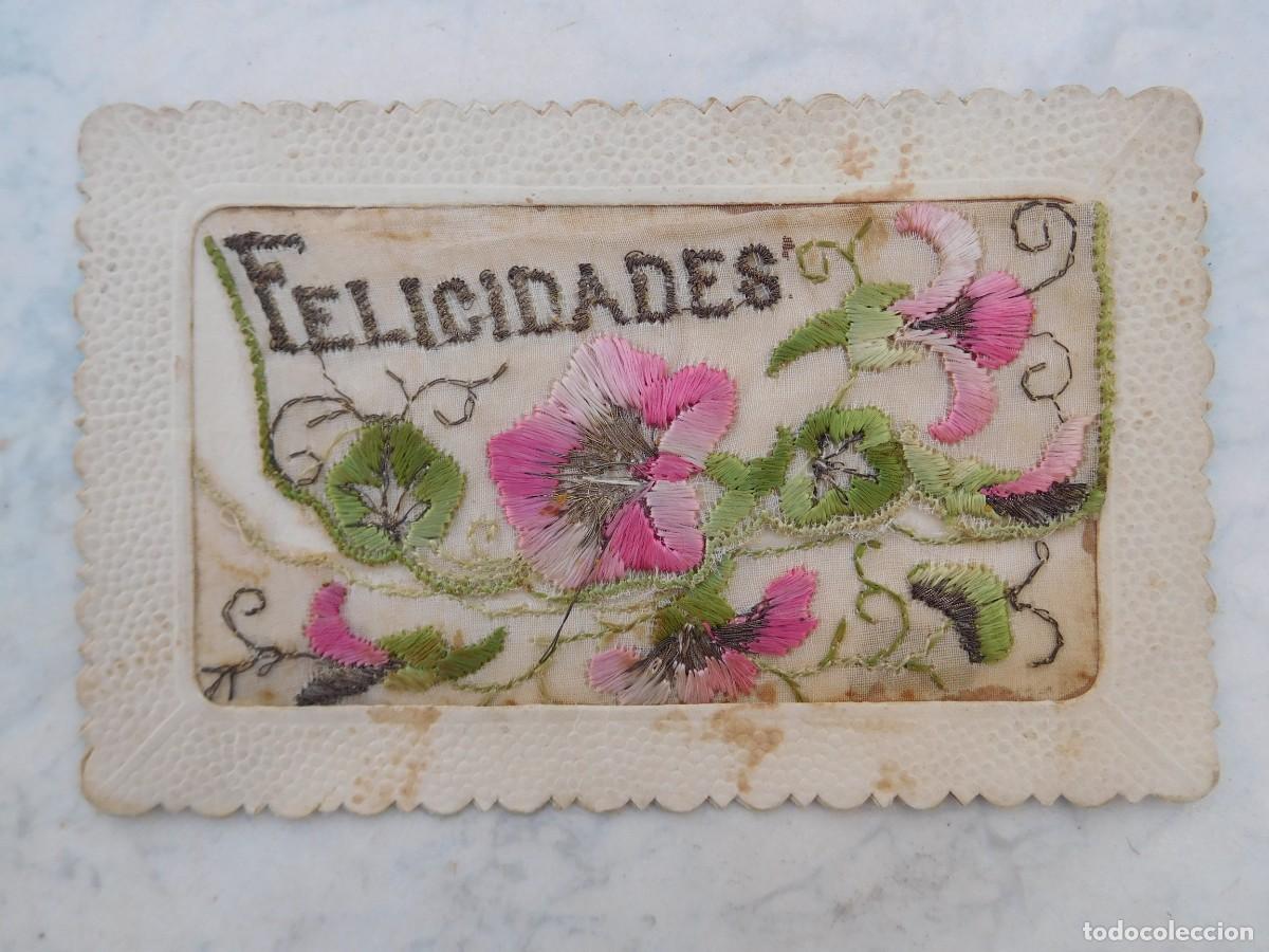 Postales: Postal antigua bordada felicidades flores