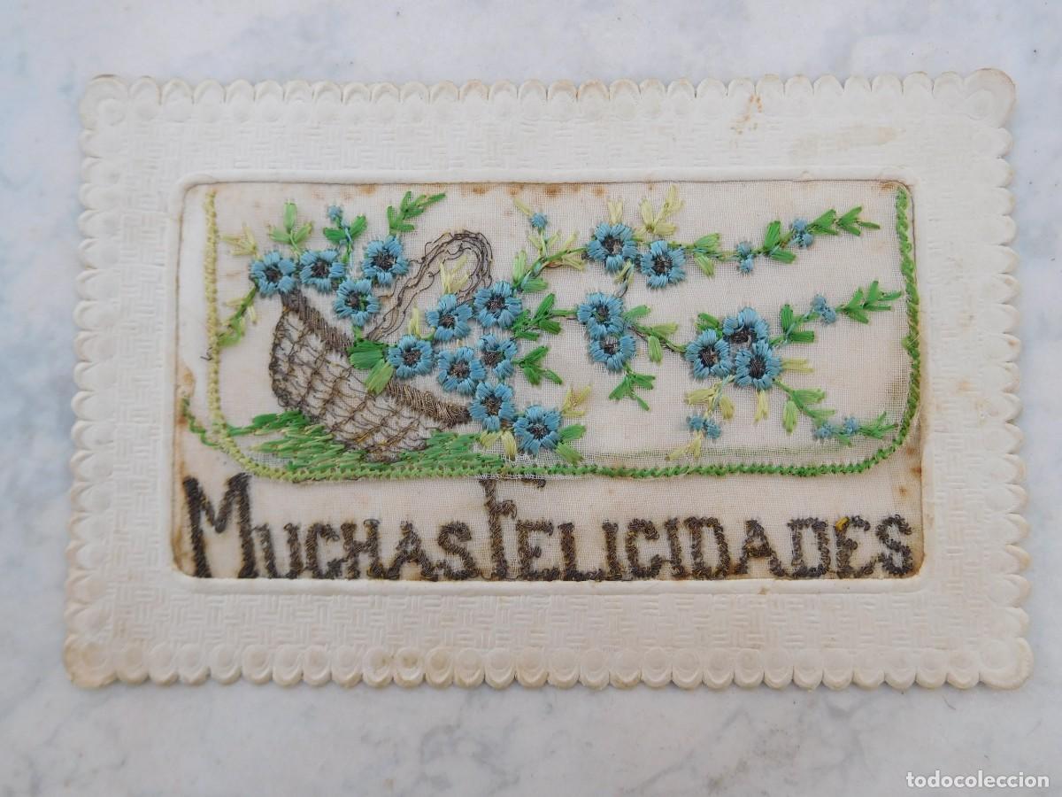 Postales: Postal antigua bordada, muchas felicidades cesto con flores