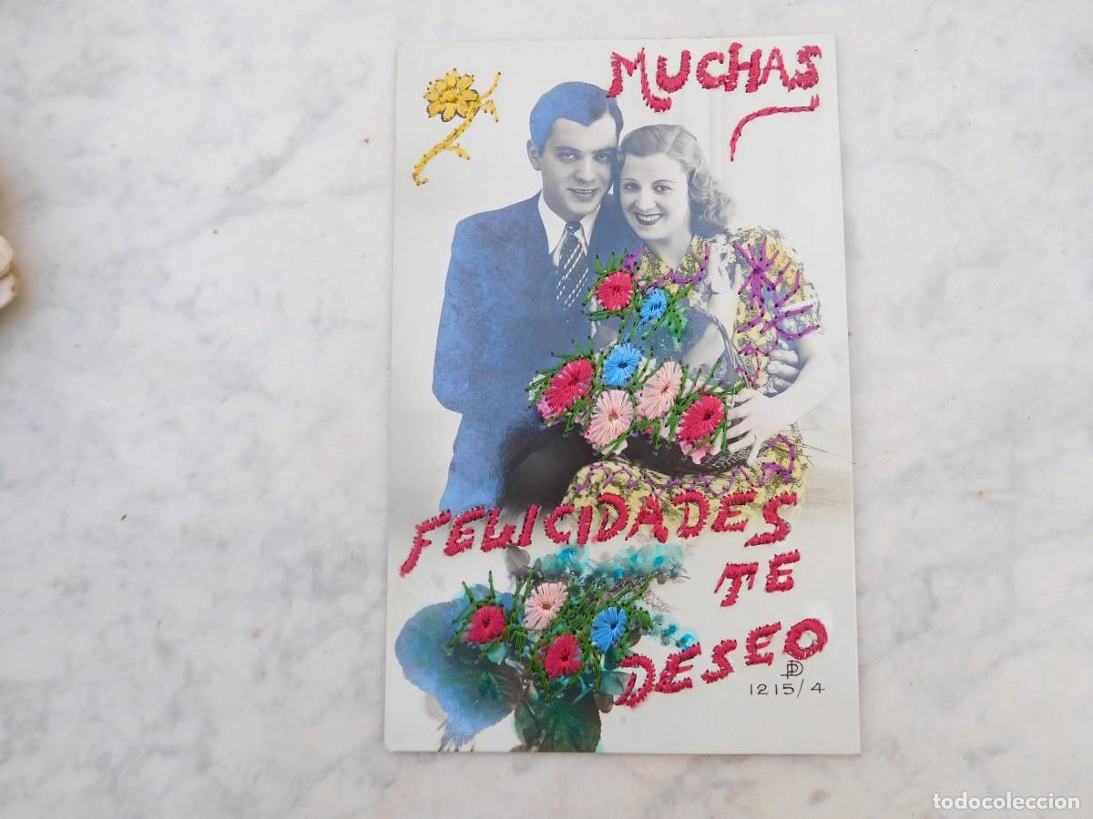 Postales: Postal antigua bordada, rom&aacute;ntica muchas felicidades te deseo