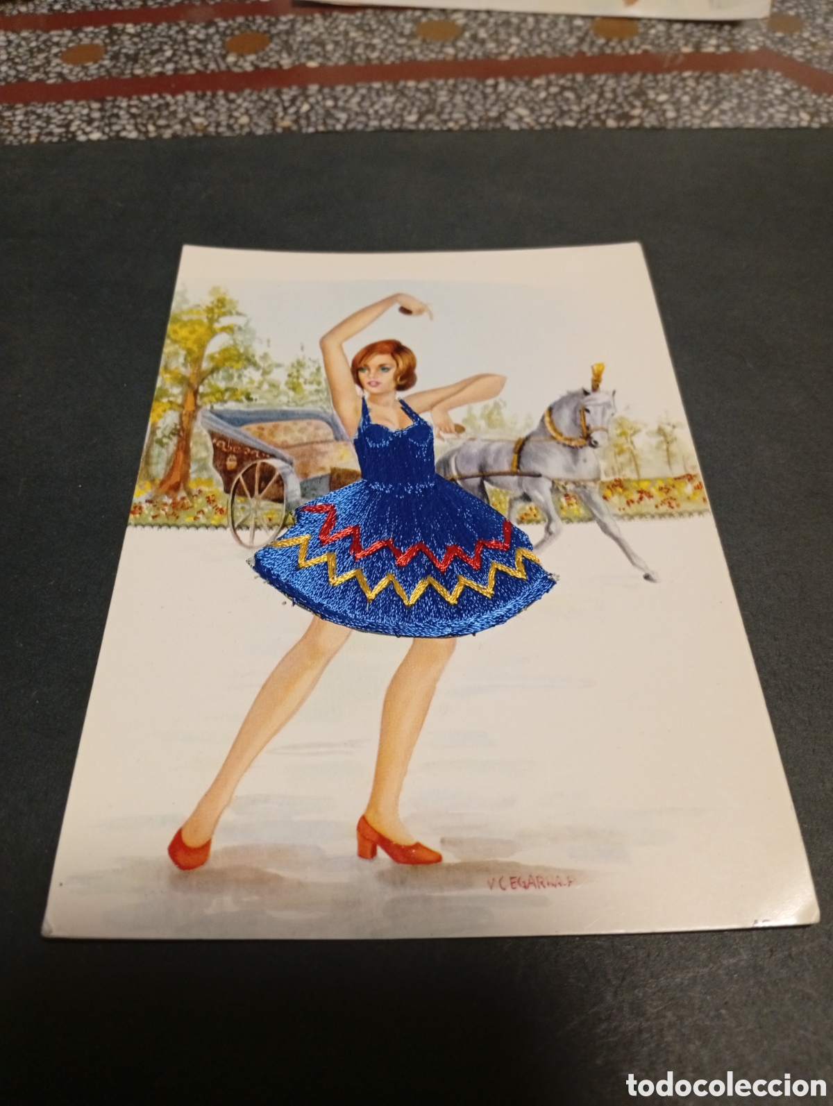 Postales: Postal dibujo sevillana bailando traje bordado
