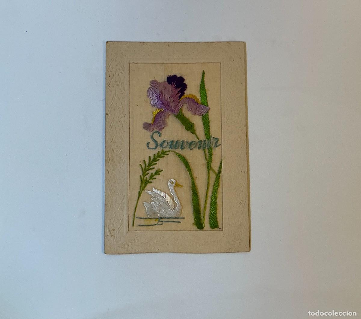 Postales: Postal antigua bordada &ldquo;Souvenir&rdquo; con iris y cisne &ndash; Belle &Eacute;poque ca. 1900-1920