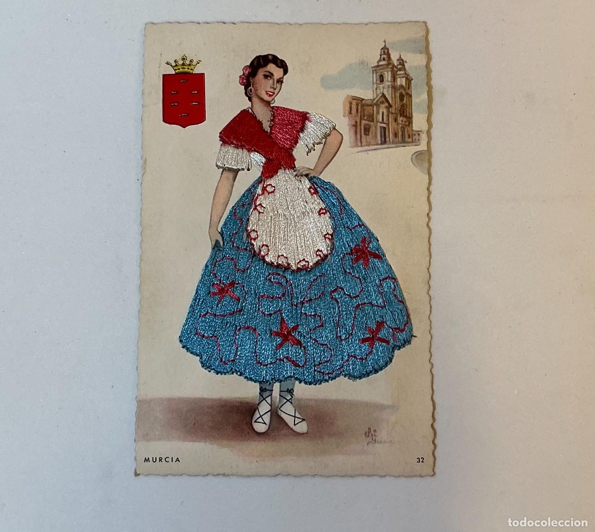 Postales: Antigua Postal Bordada en Seda Murcia - Traje Regional Huertana - Postales Alcal&aacute; - A&ntilde;o 1958