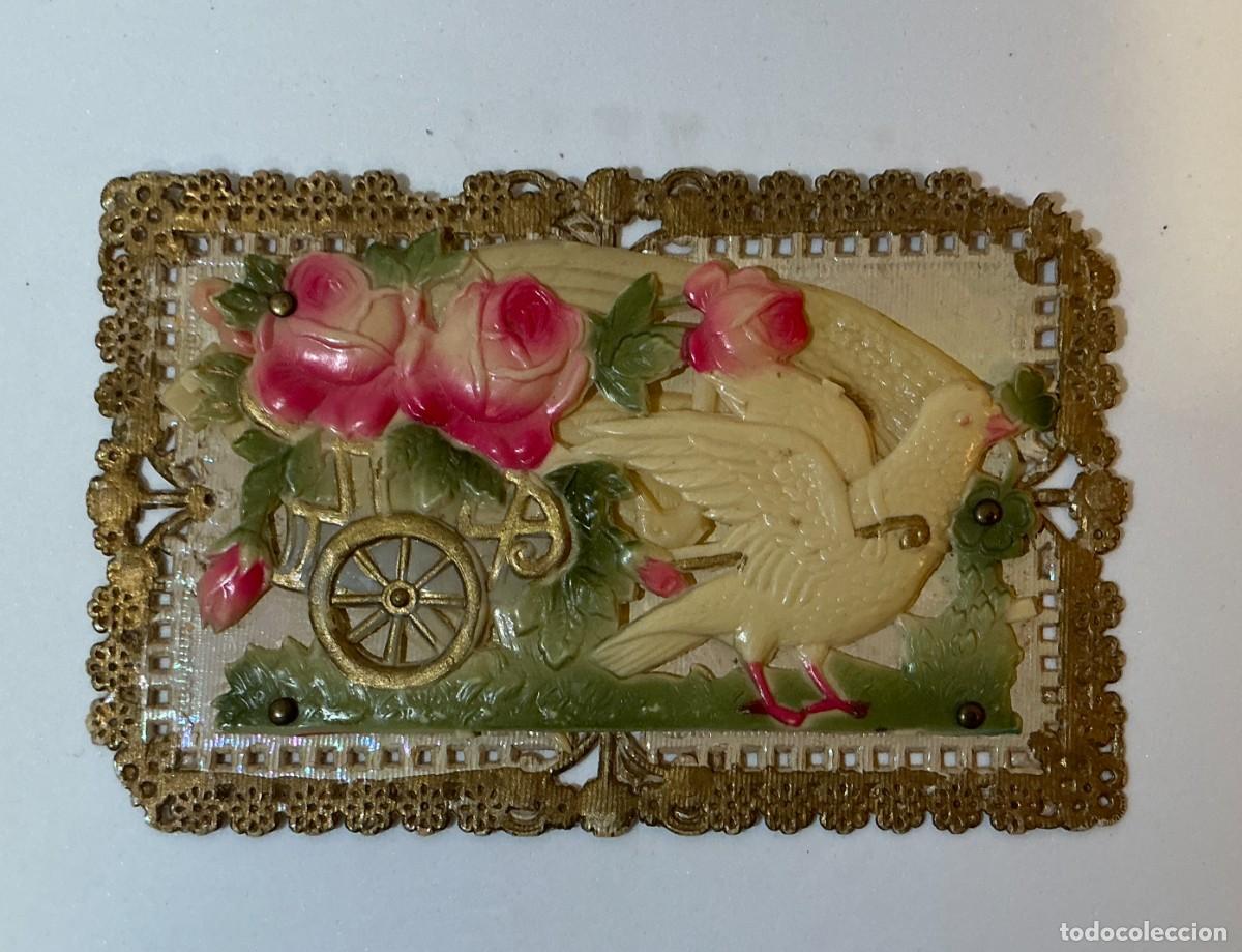 Postales: Antigua Postal de Encaje Troquelado y Celuloide - Carruaje de Palomas - Murcia - Circa 1905
